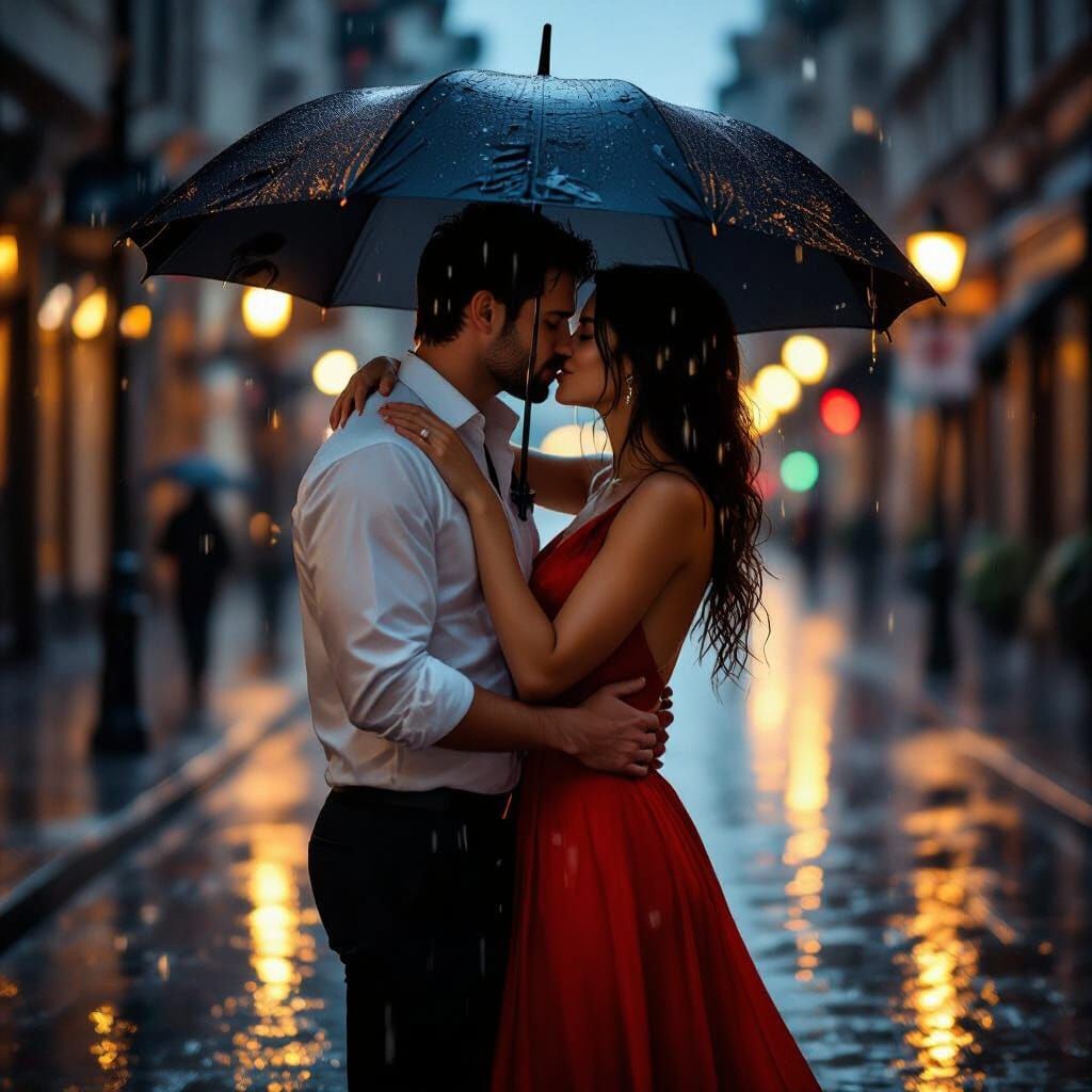 Romantic Couple in Rain, Cinematic Emotional Realism