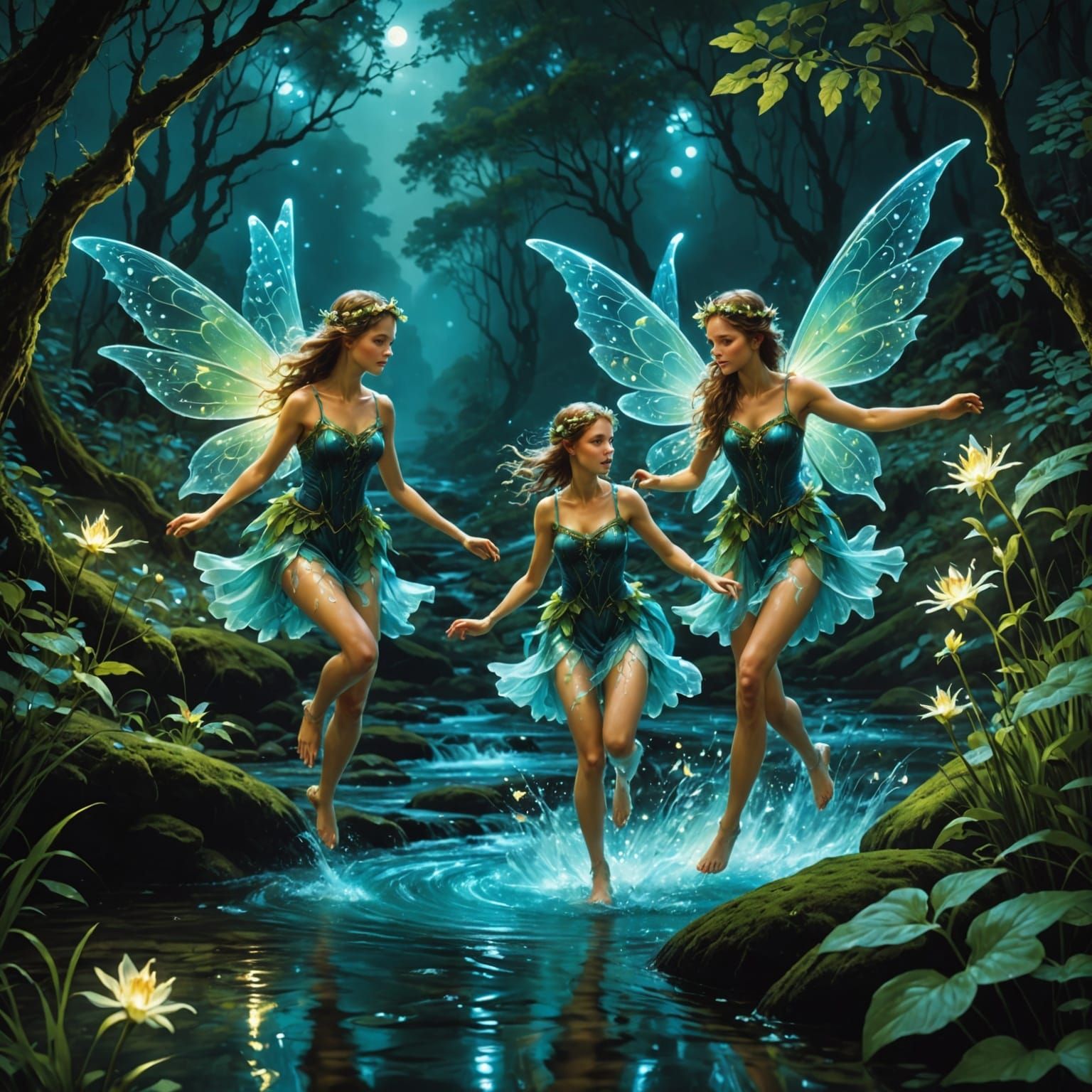 Faeries splashing their feet in the pool