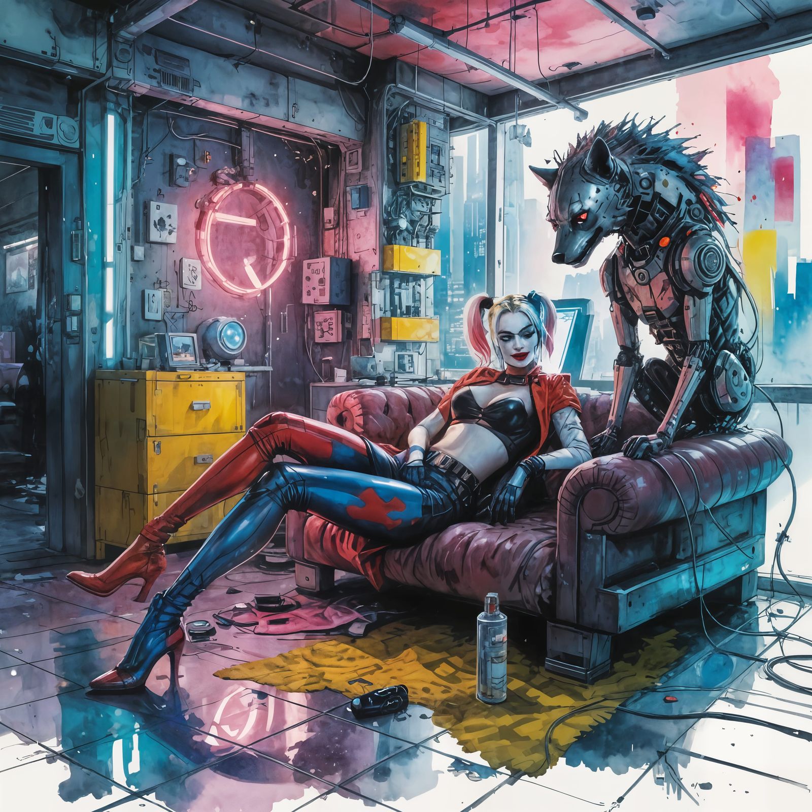 Cyberpunk Harley Quinn in Watercolor, Robotic Hyena