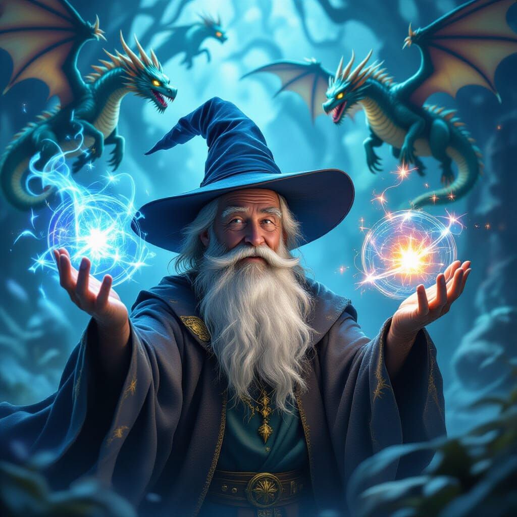 VR Wizard Casting Spells Amidst Holographic Dragons