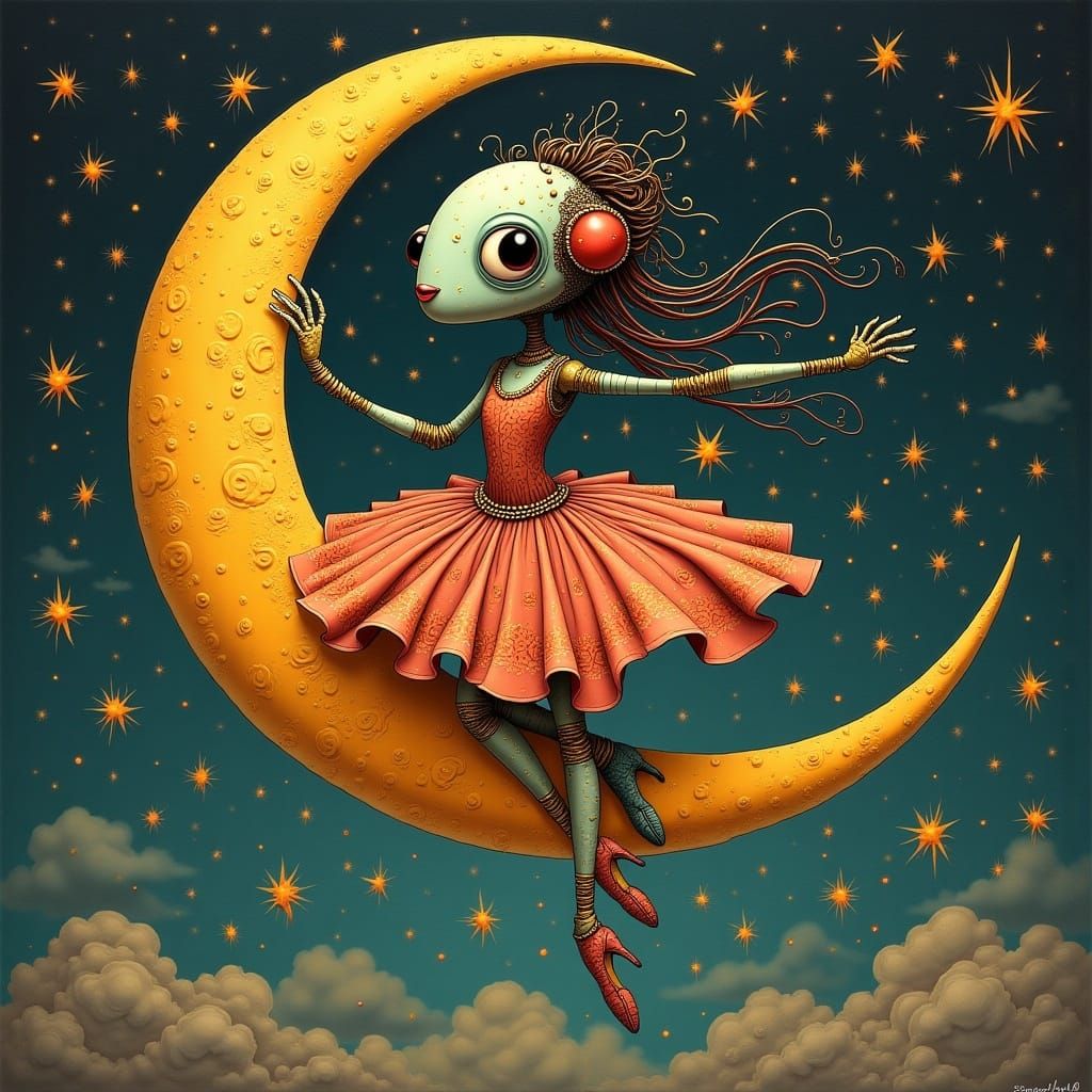 Whimsical Robot Ballerina Dancing with Crescent Moon