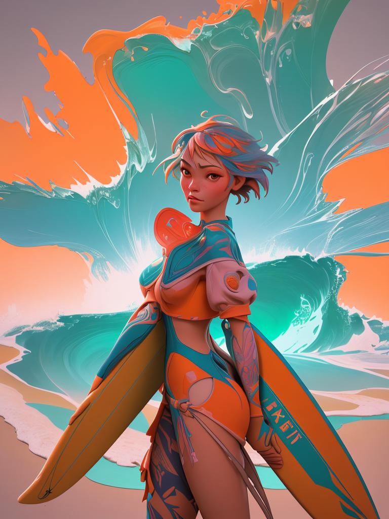 Vintage Travel Poster of Surfer Girl in Flat Style