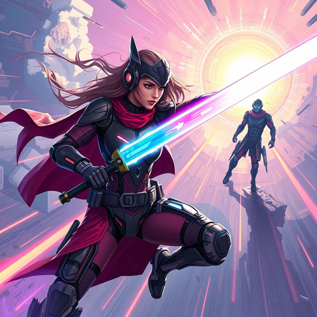 Sleek Sci-Fi Warrior Charges Forward in a Futuristic Digital...