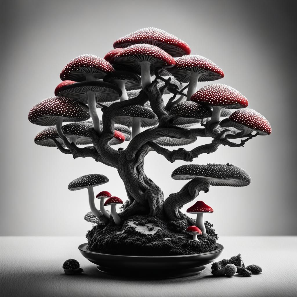 Mushroom Bonsai Tree in Selective Color, Detailed Art