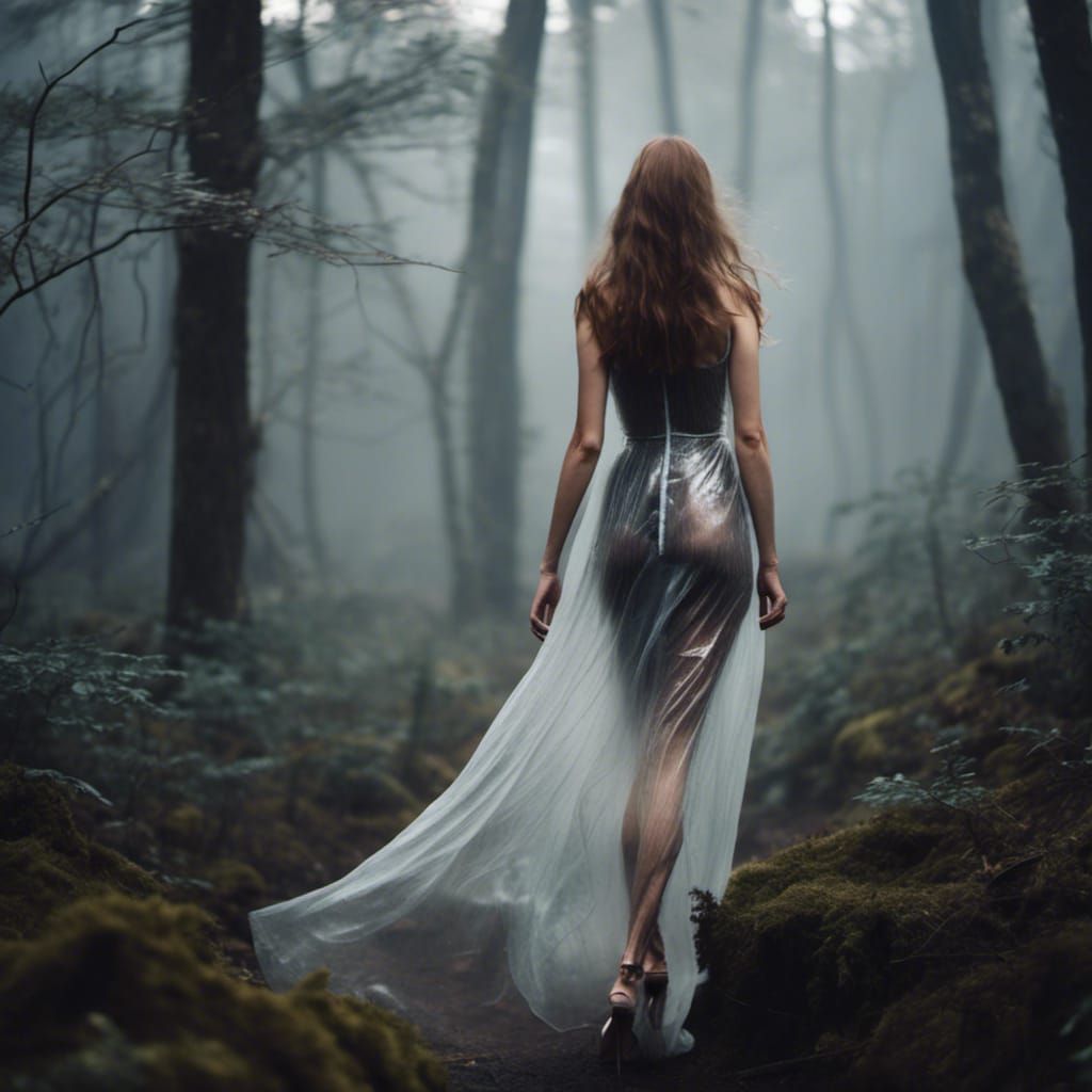 Model in Plastic Dress in Misty Forest