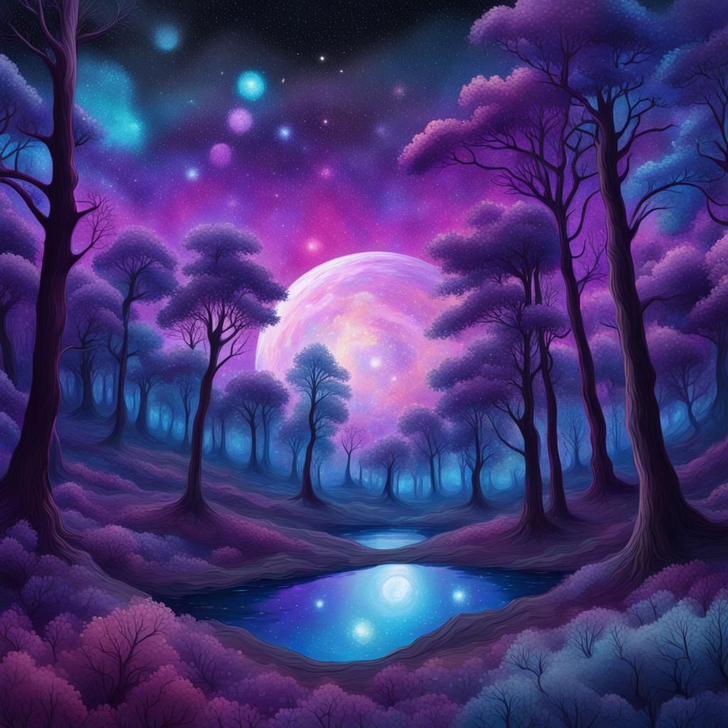 Forest Landscape with Astral Night Sky