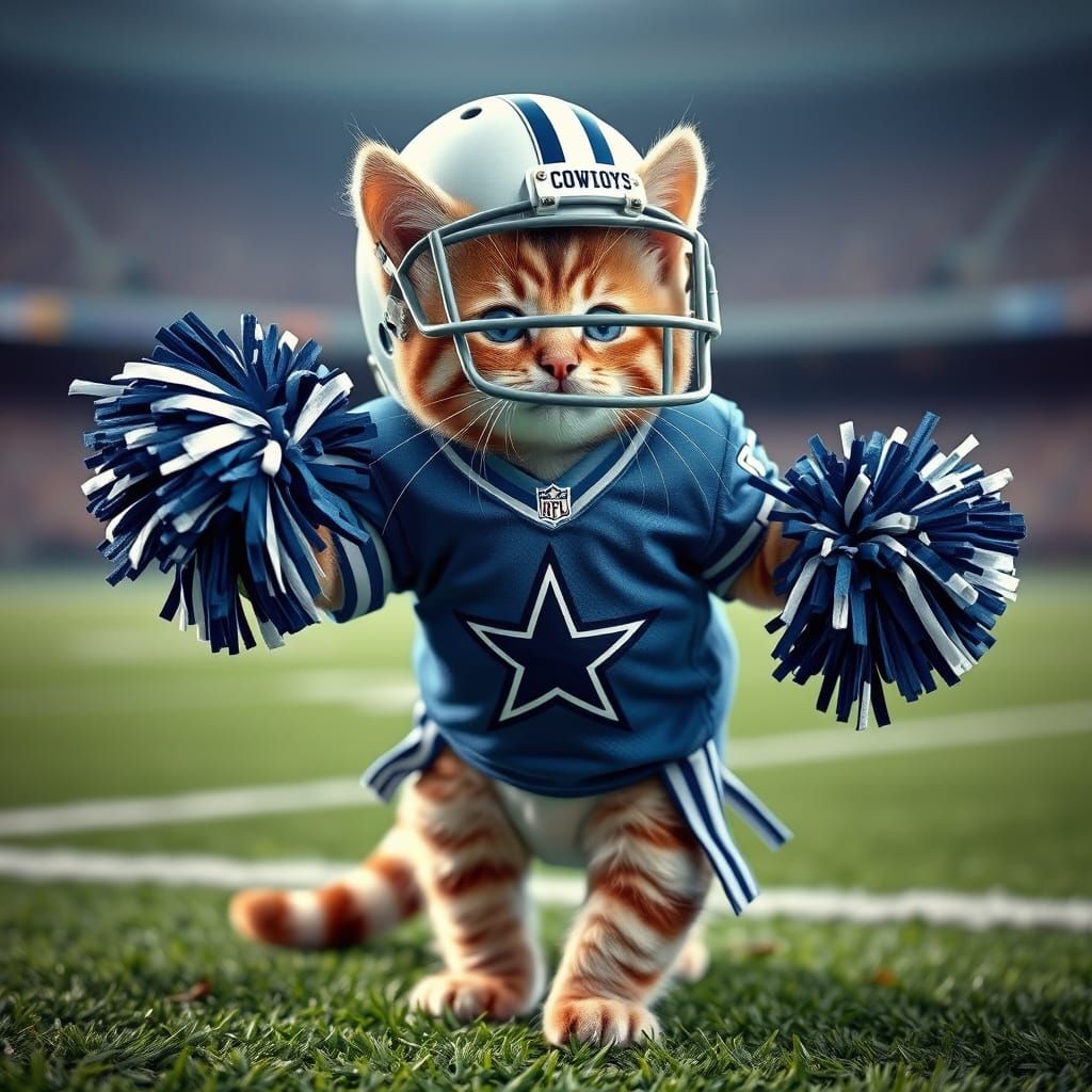 Realistic Cheerleading Kitten in Dallas Cowboys Gear