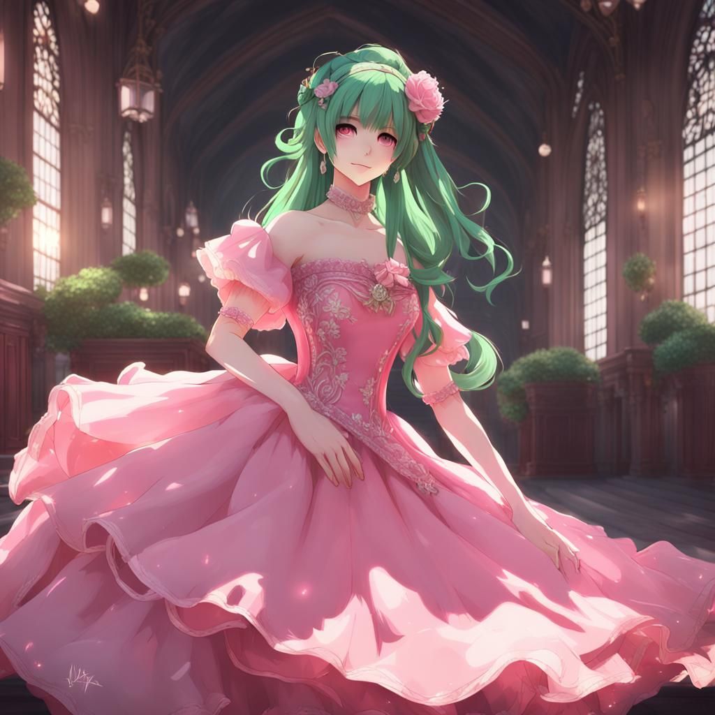 Green-Haired Girl in Pink Gown: 3D Anime Art