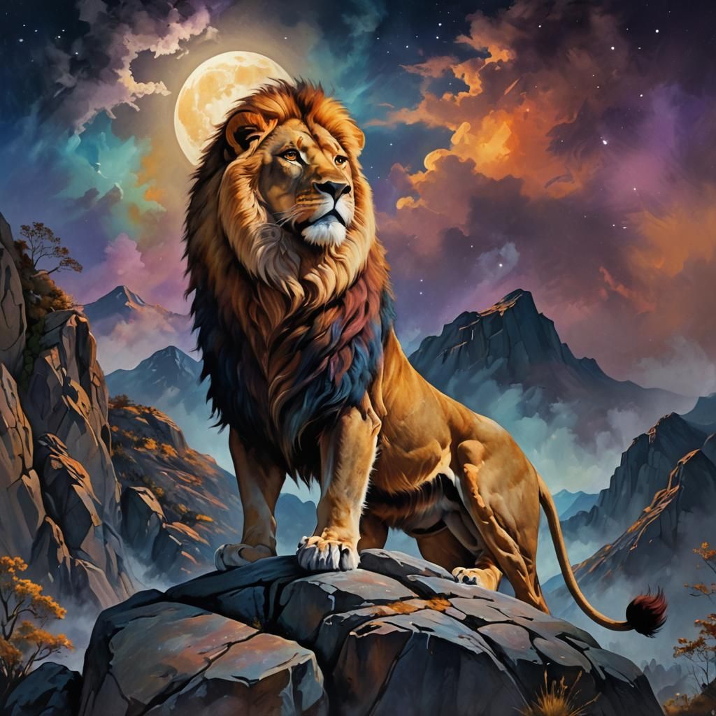 Lion Gazing at Moon, Fantasy Oil Painting