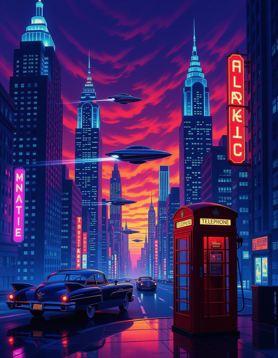 Retro-Futuristic Cityscape at Twilight with Flying Cars
