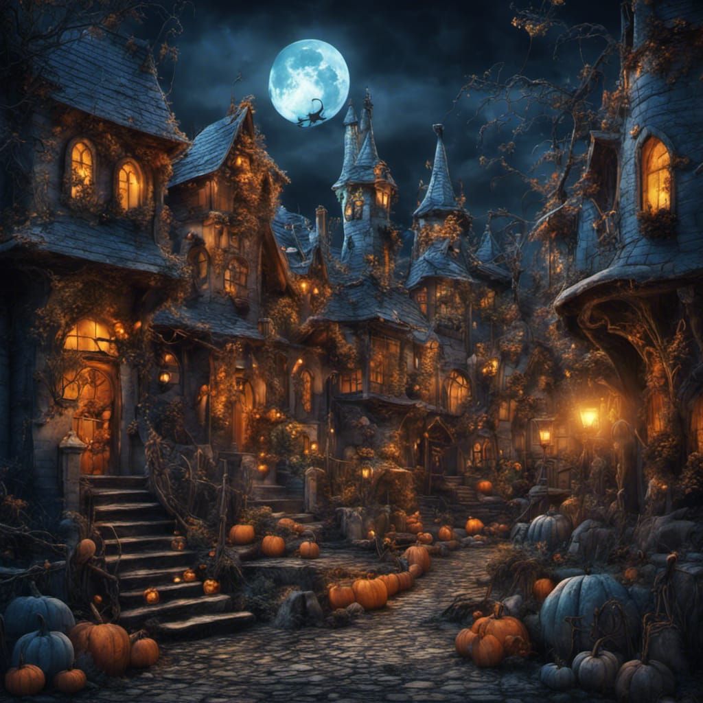 Detailed Halloween Town Scene under Blue Moon