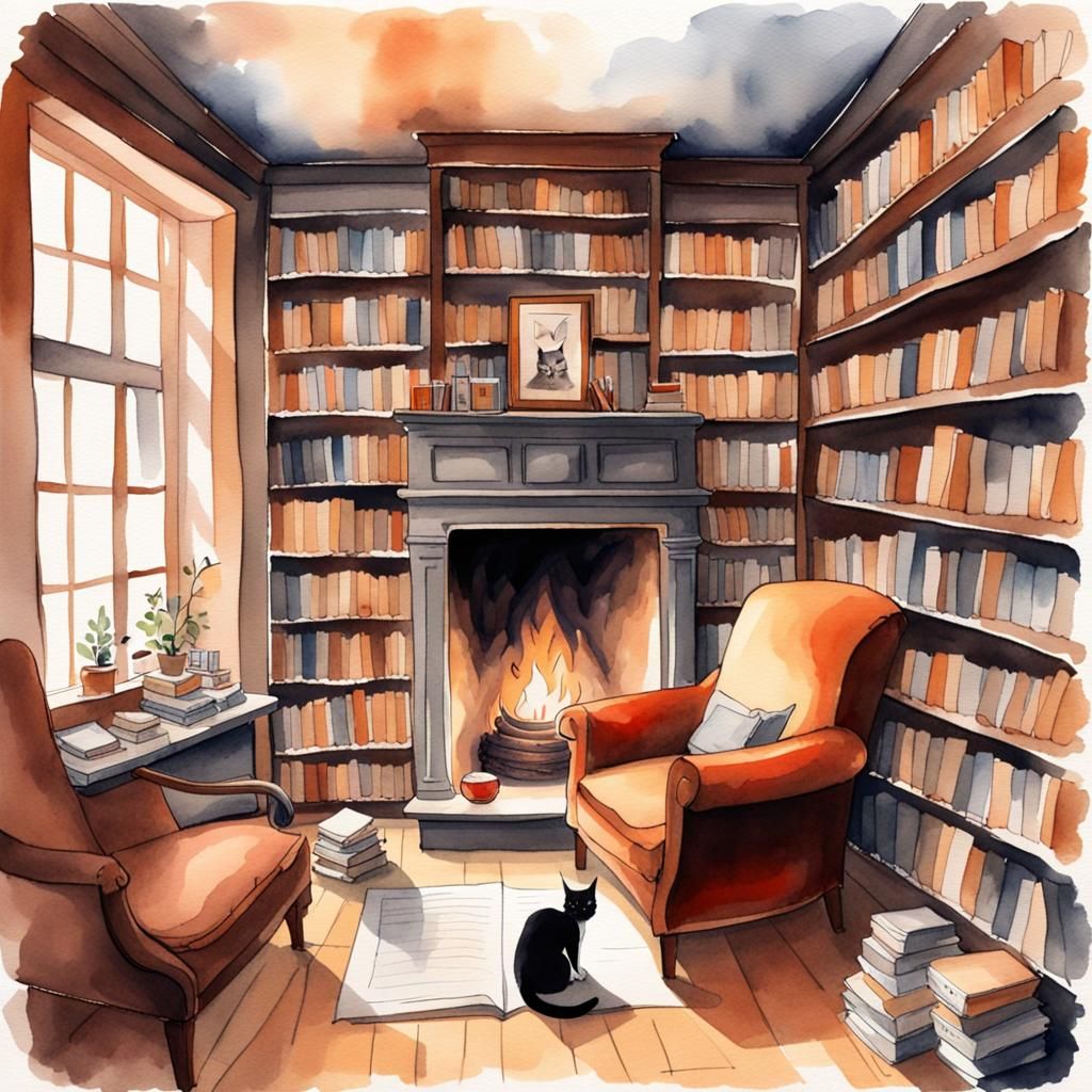 A bookstore, with shelves full of books, a fireplace, a sofa, and a cat