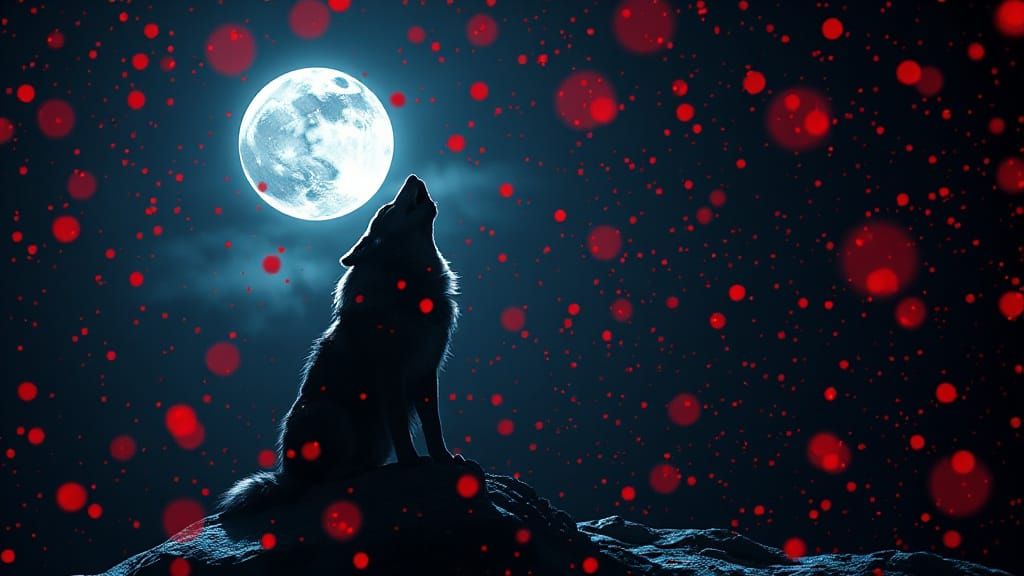 Wolf Howling at Moon in Holographic Red Snowstorm