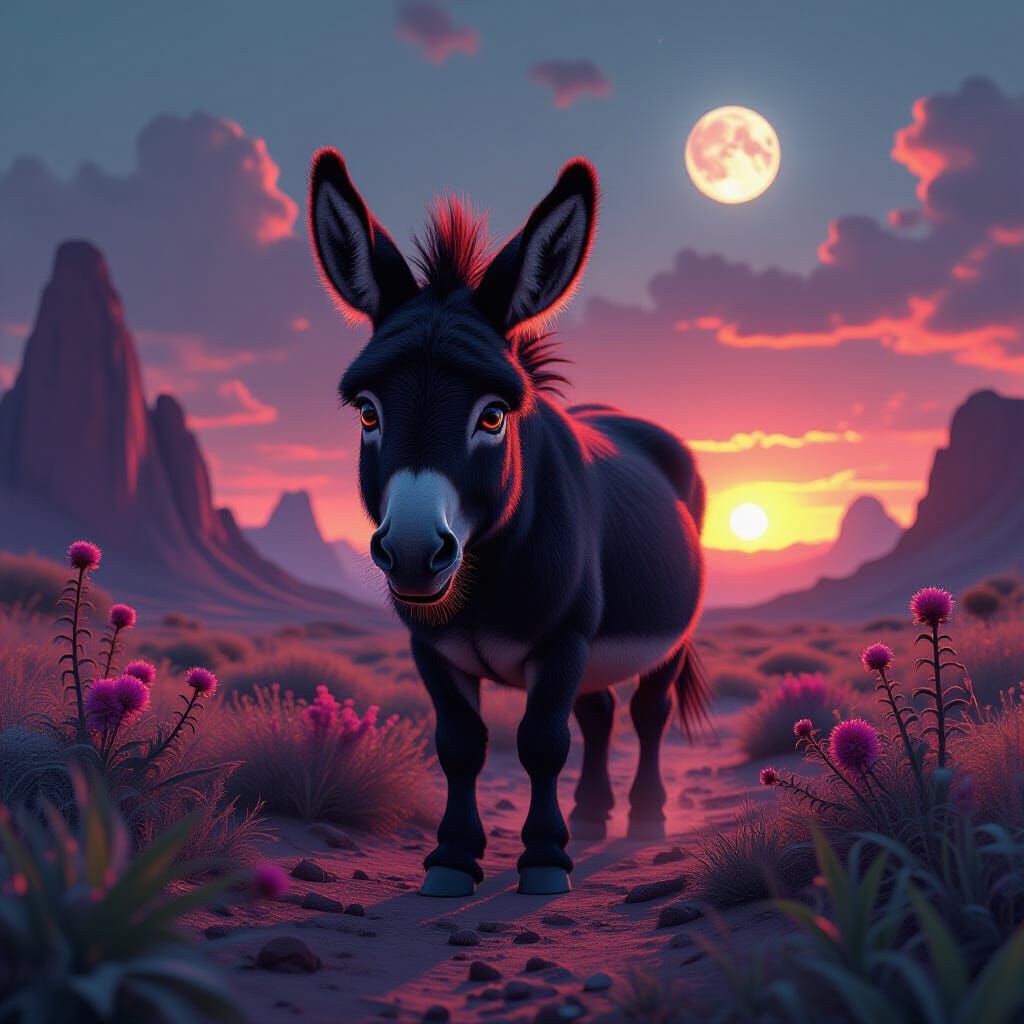 Humorous Donkey Explores Alien Planet Under Binary Sunset