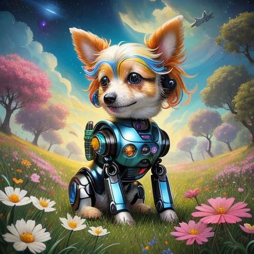 Robot Dog in Field with Spaceships, Surreal Style