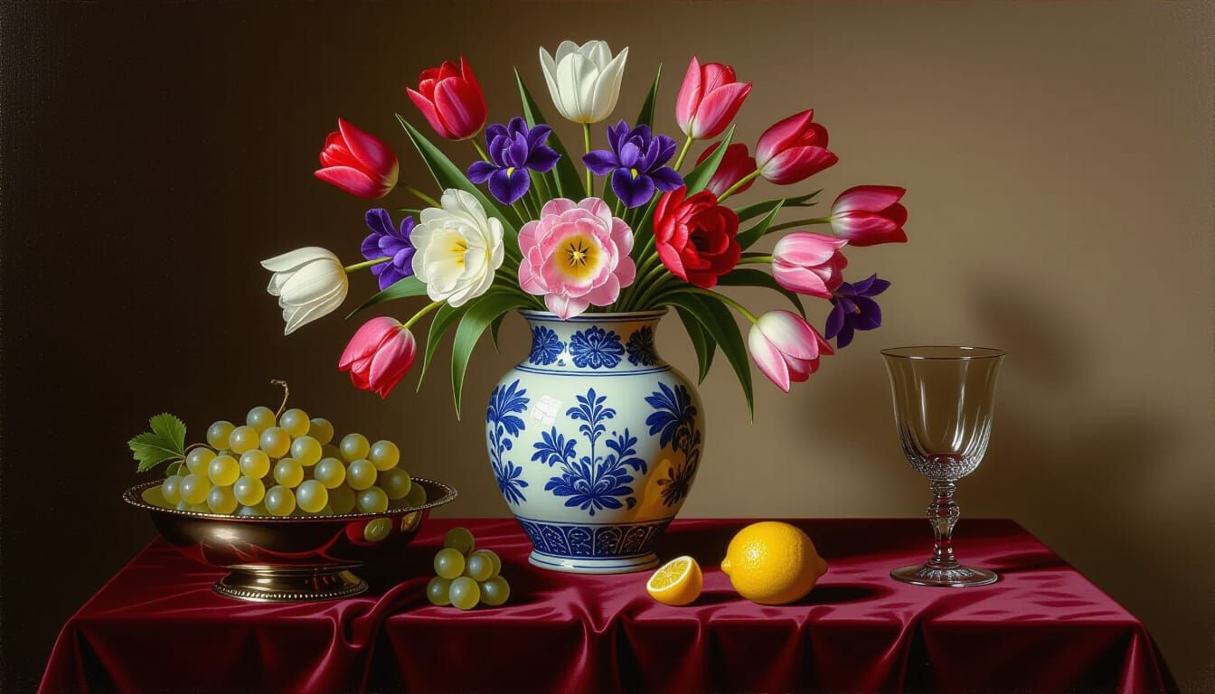 Dutch Golden Age Still Life Painting with Flowers and Fruit