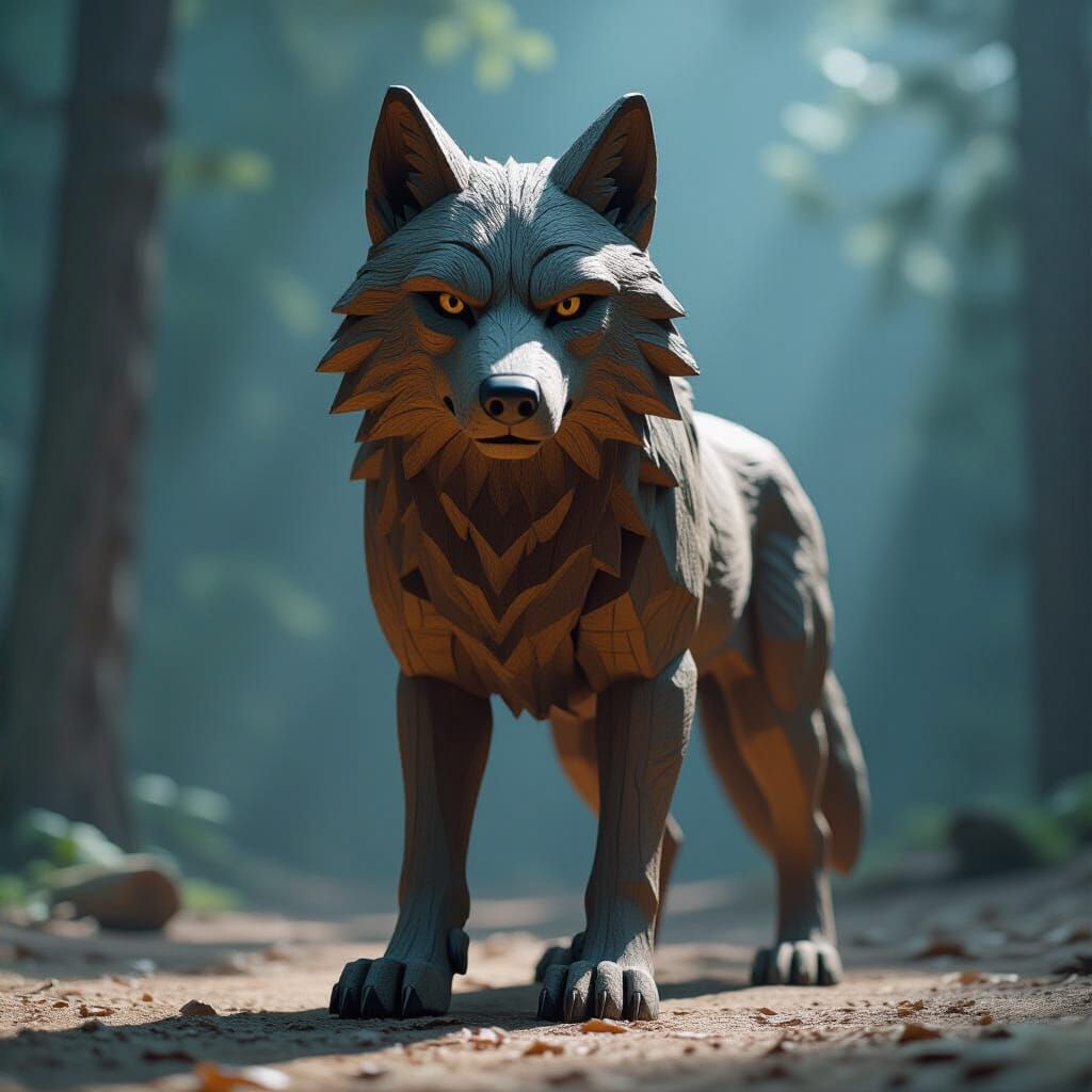 Intricately Carved Wooden Wolf in Cinematic Film Style