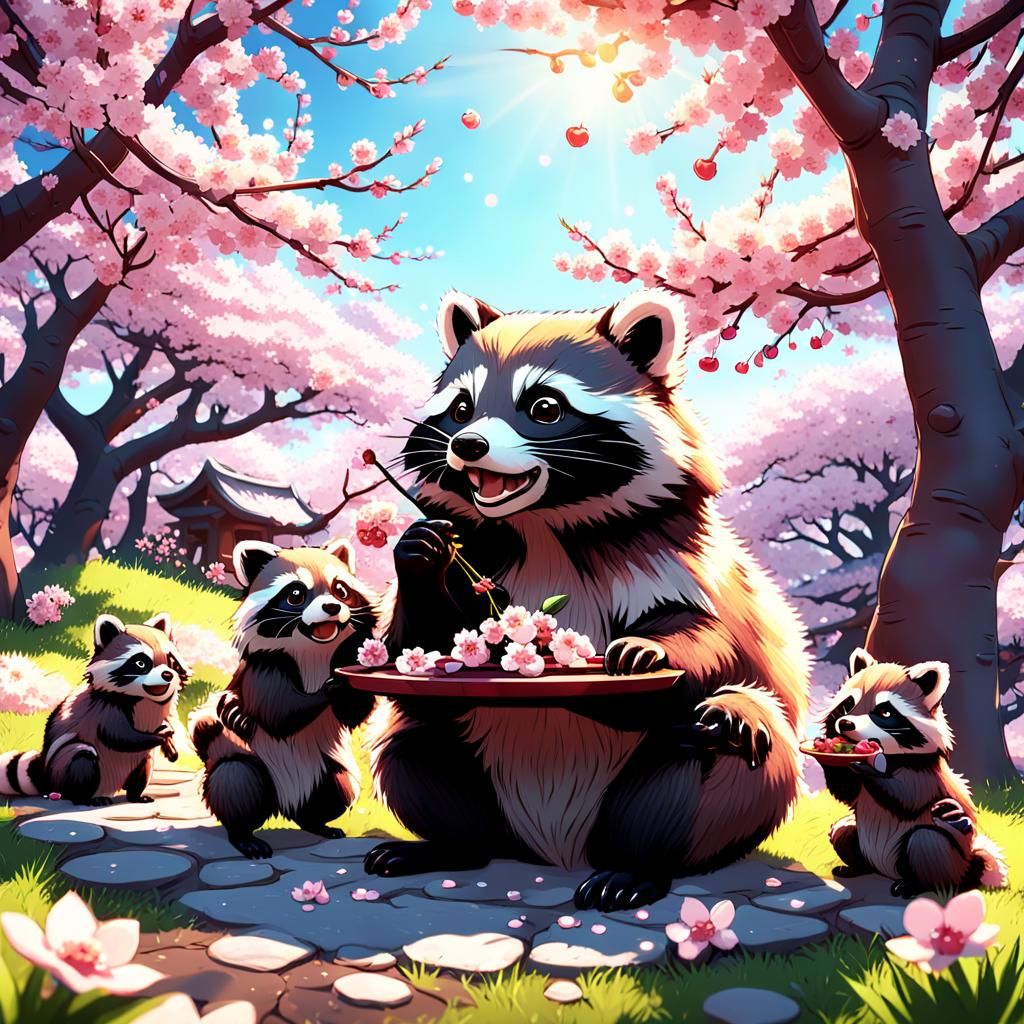 Tanuki Family under Sakura tree eating the flowers