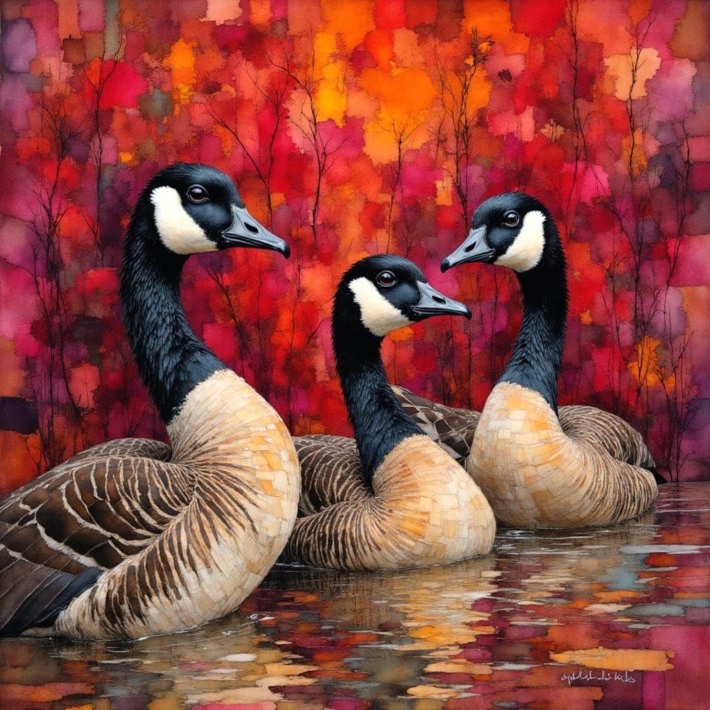 Playful Geese Close-up in Neurographic Art Style