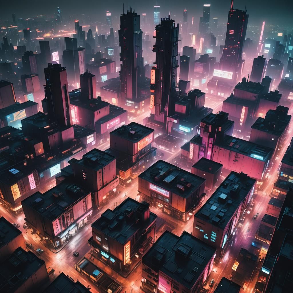 Neon Cyberpunk Cityscape with Factories in Aerial View
