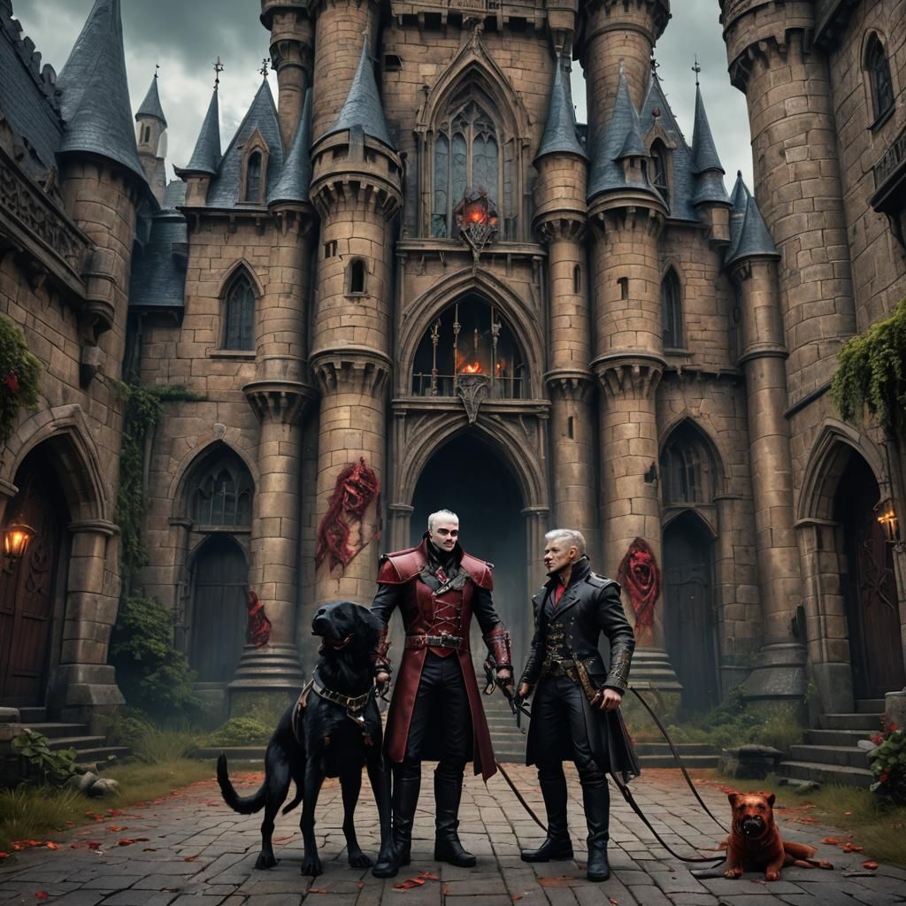 Gay Leather Daddies Kissing Outside Vampire Castle