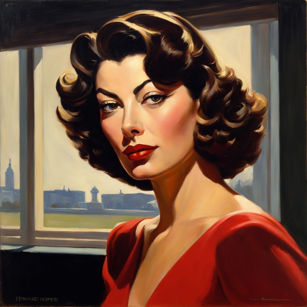 Ava Gardner Film Noir Portrait in Edward Hopper Style