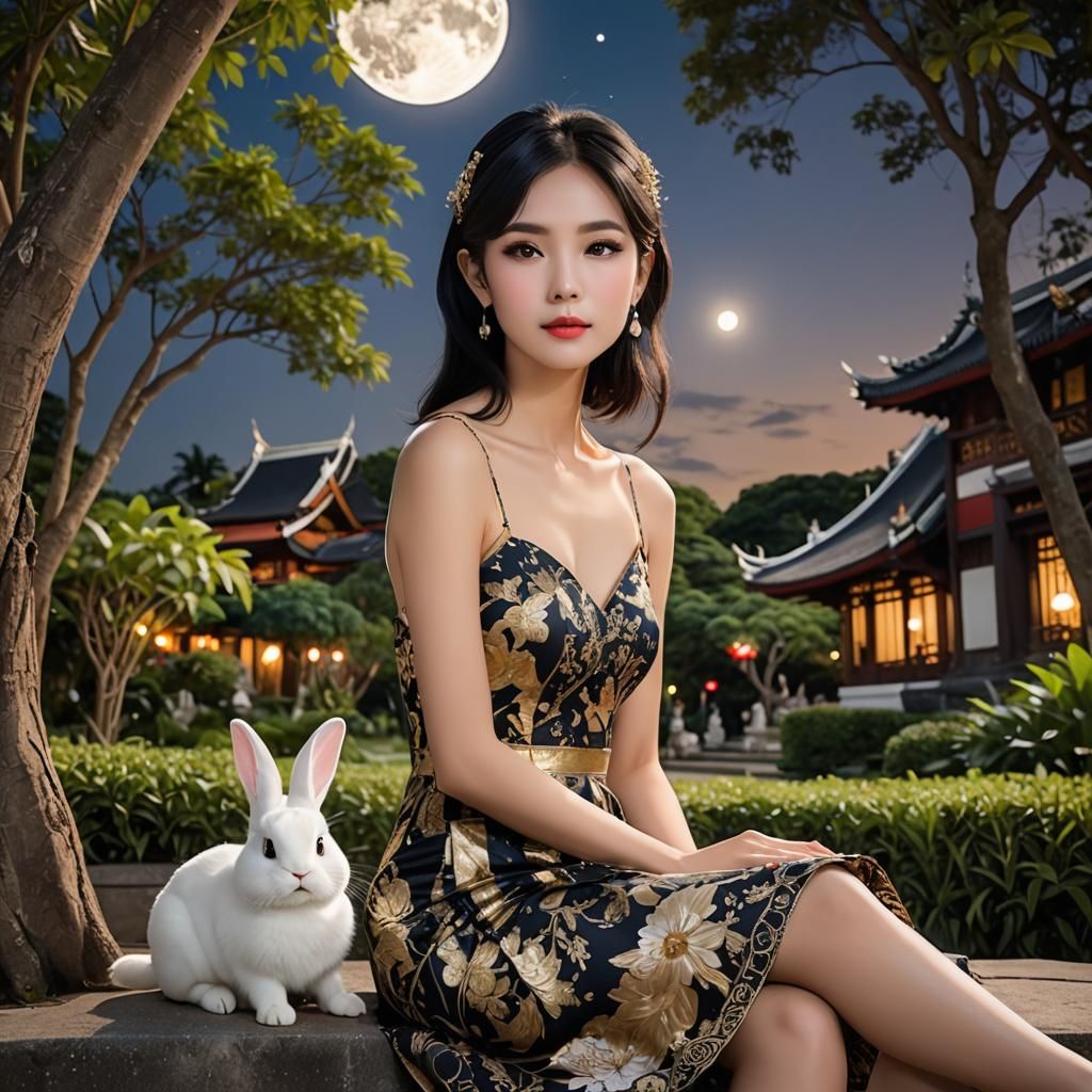Thai Woman in Moon Rabbit Dress in Temple Garden