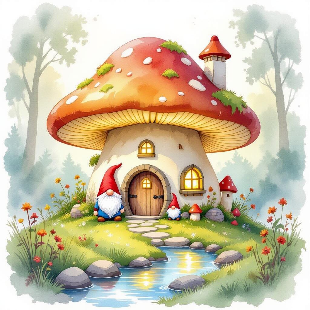 Cozy Gnome Village in Mushroom, Watercolor Art