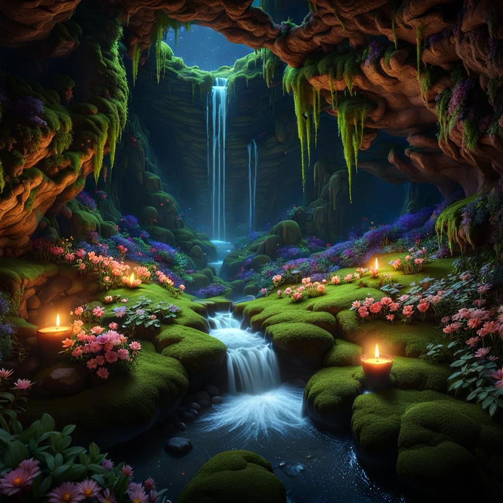 Lush Candlelit Cave with Waterfalls and Moss