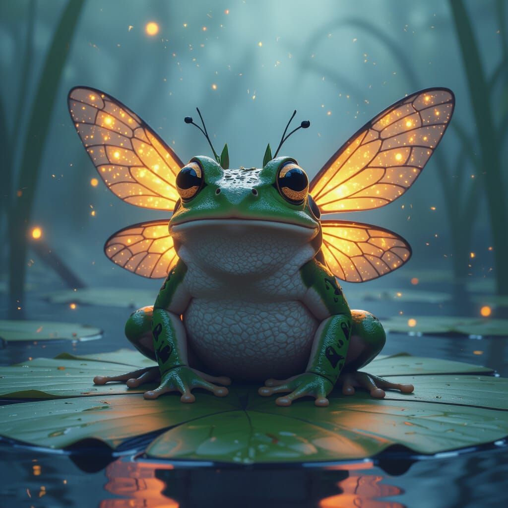 Frog with Firefly Wings in Detailed Matte Painting Style