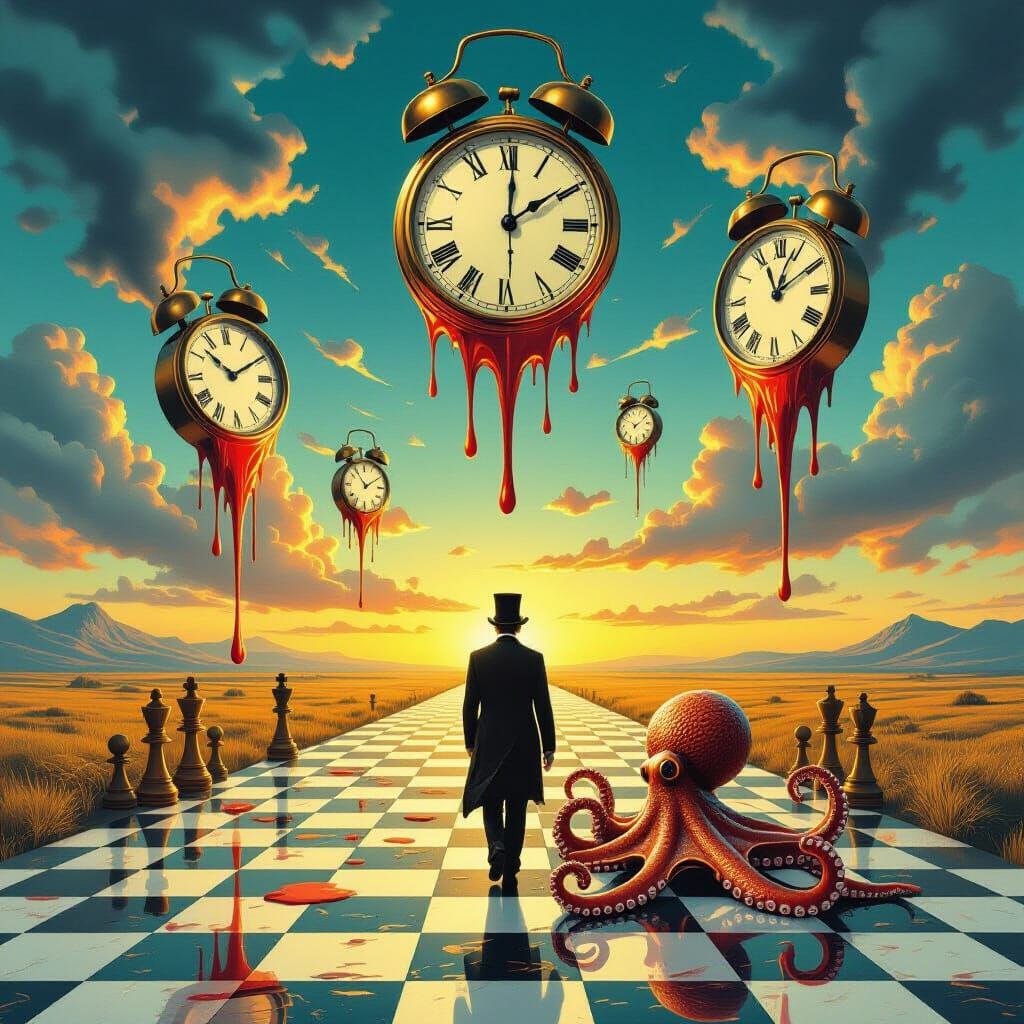 Surreal Melting Clocks Landscape with Octopus Pet