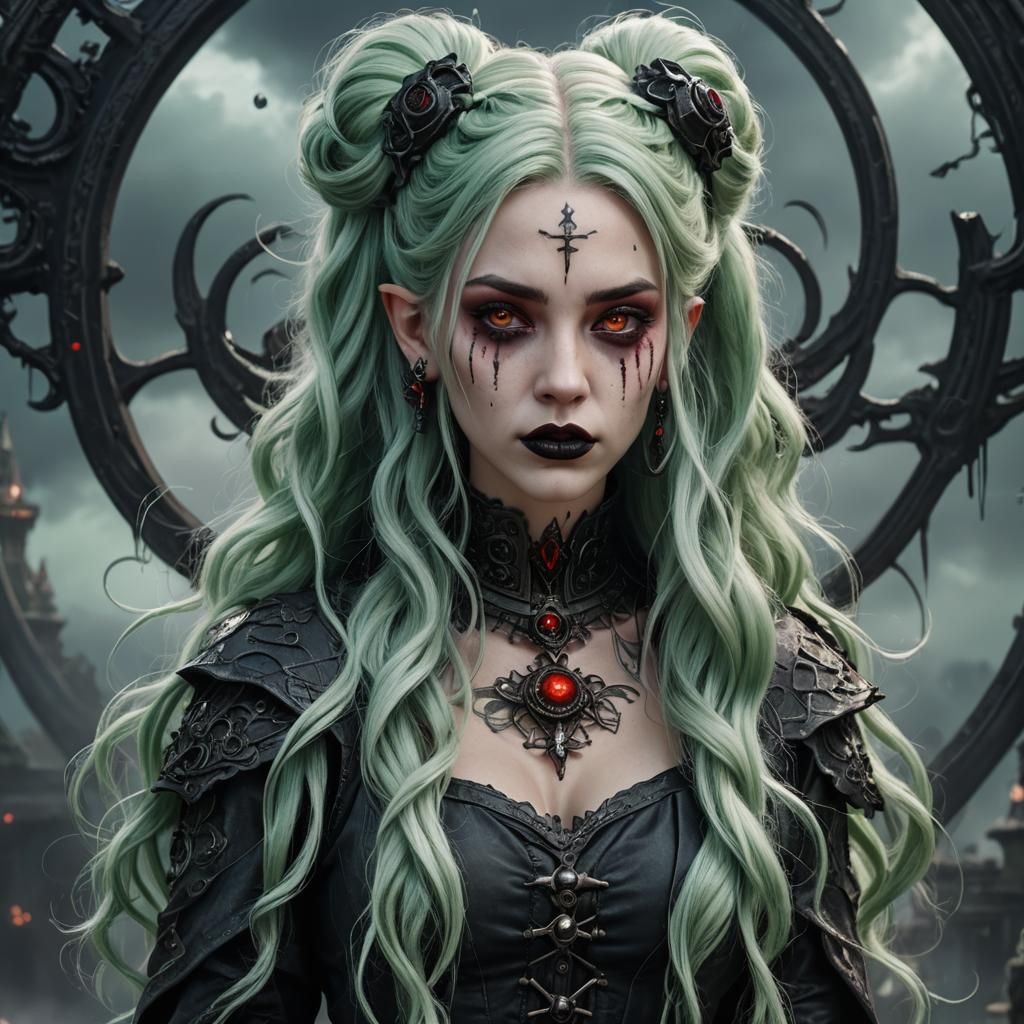 Gothic Sorceress with Green Hair: Digital Painting