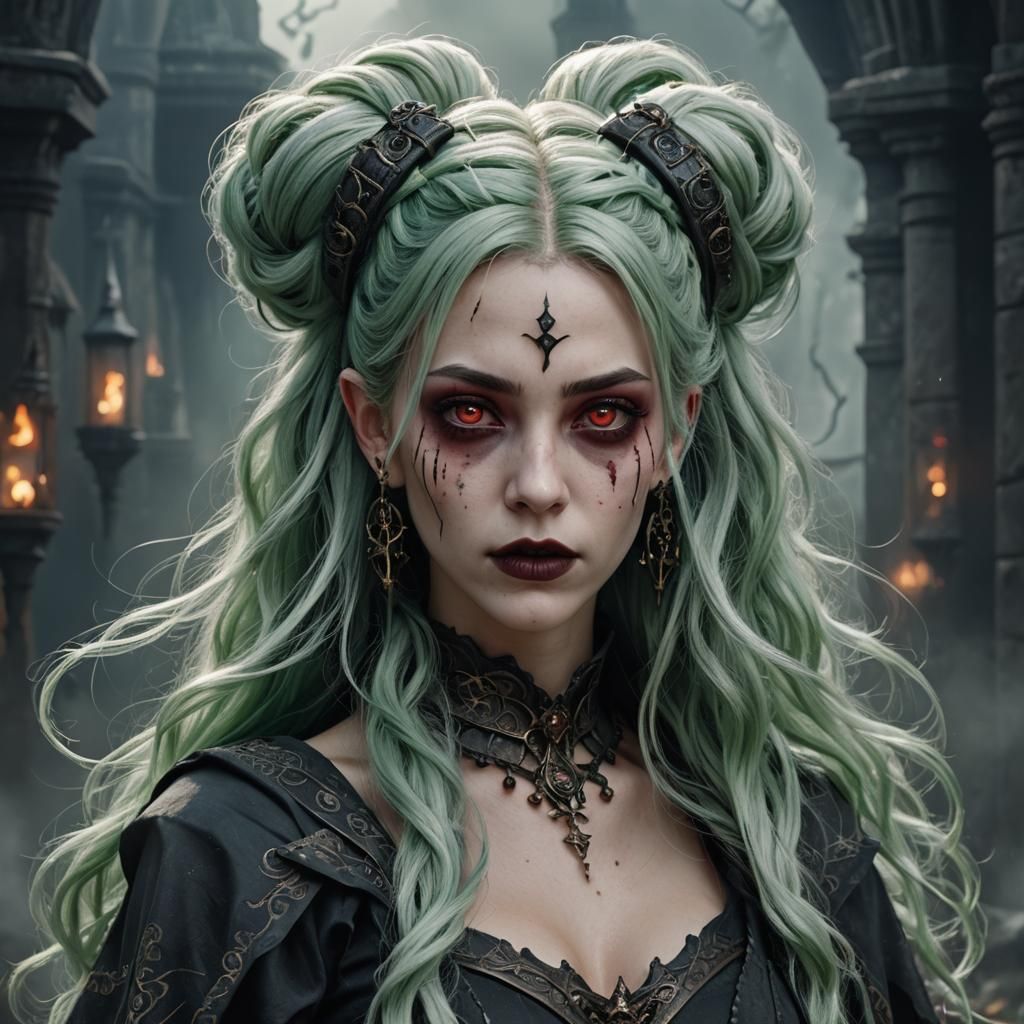 Gothic Sorceress with Green Hair, Detailed Matte Painting