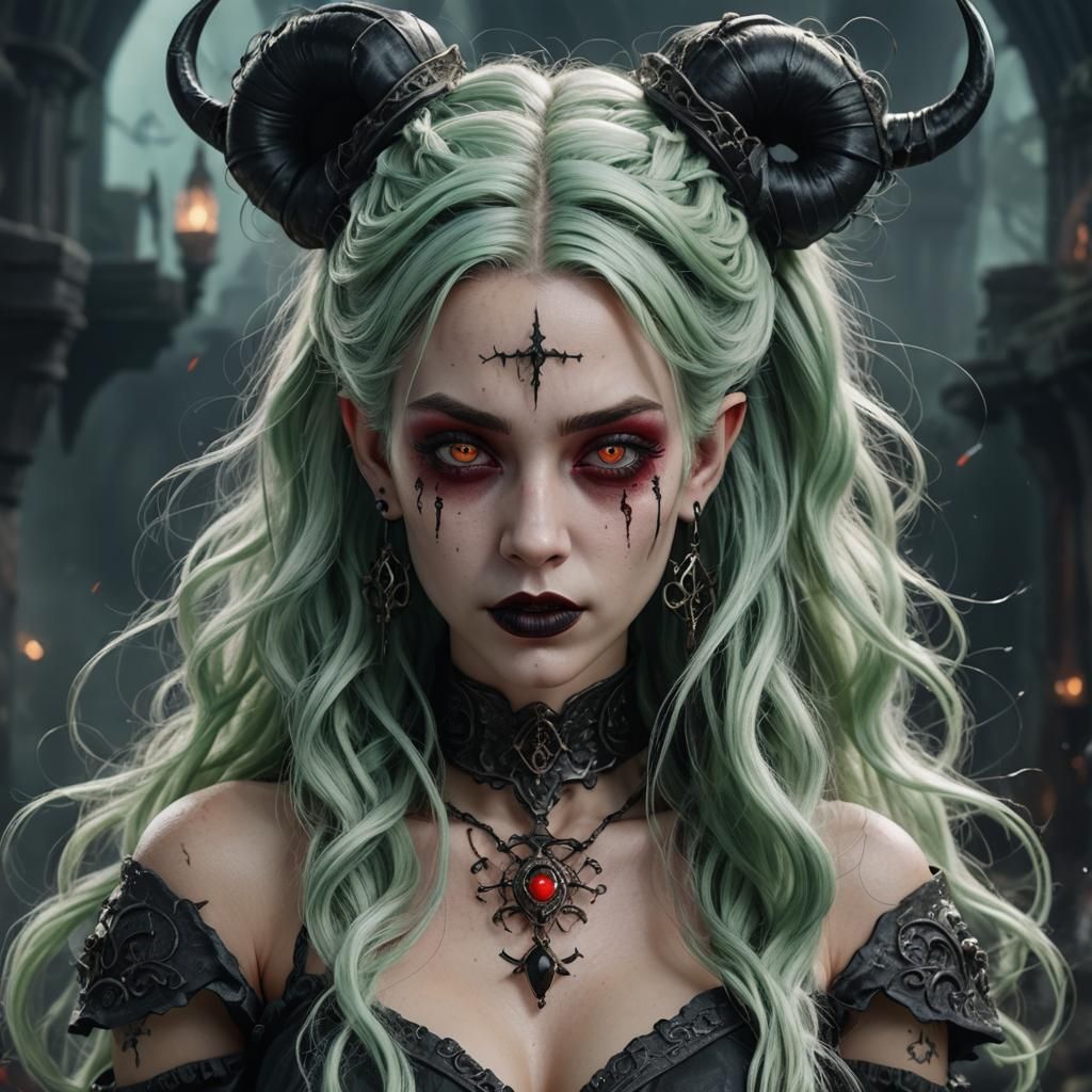 Gothic Sorceress with Green Hair and Space Buns