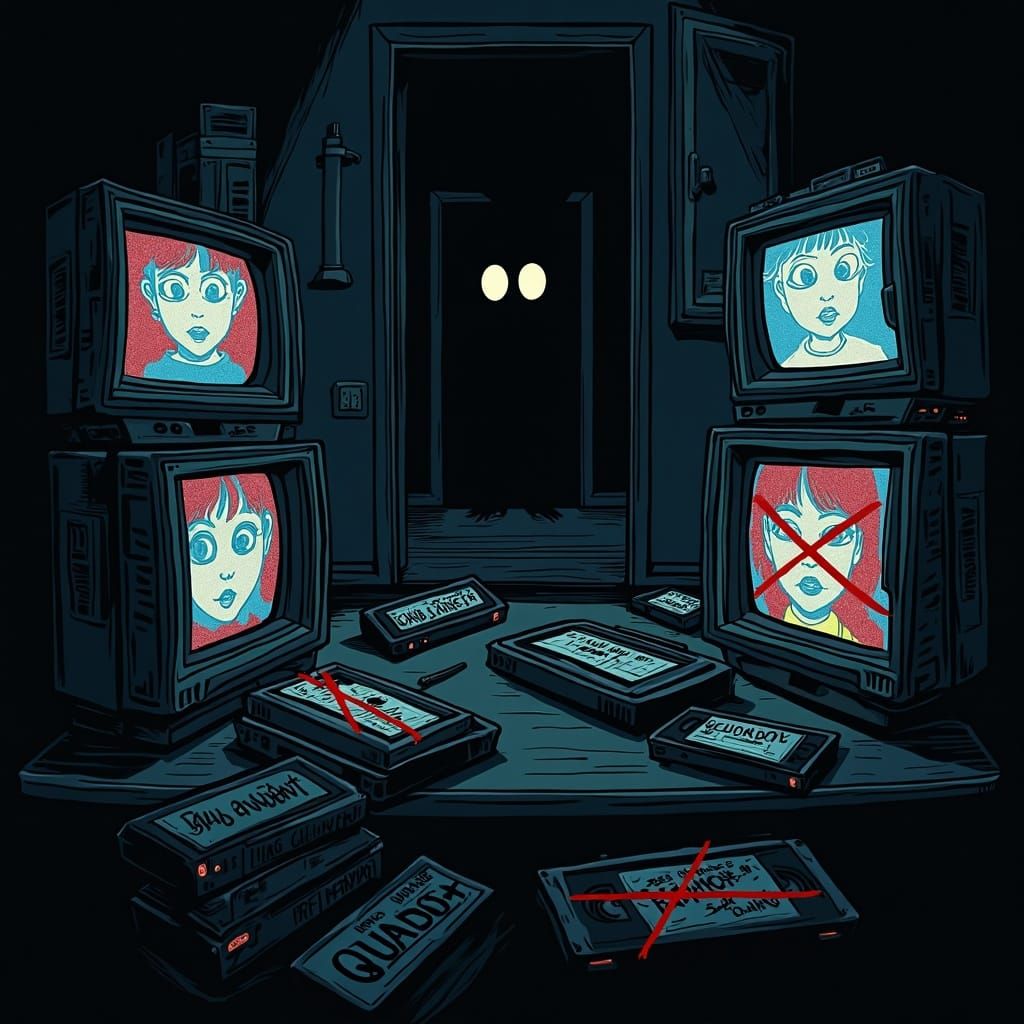 1980s Cartoon Horror Security Room With Lurking Figure