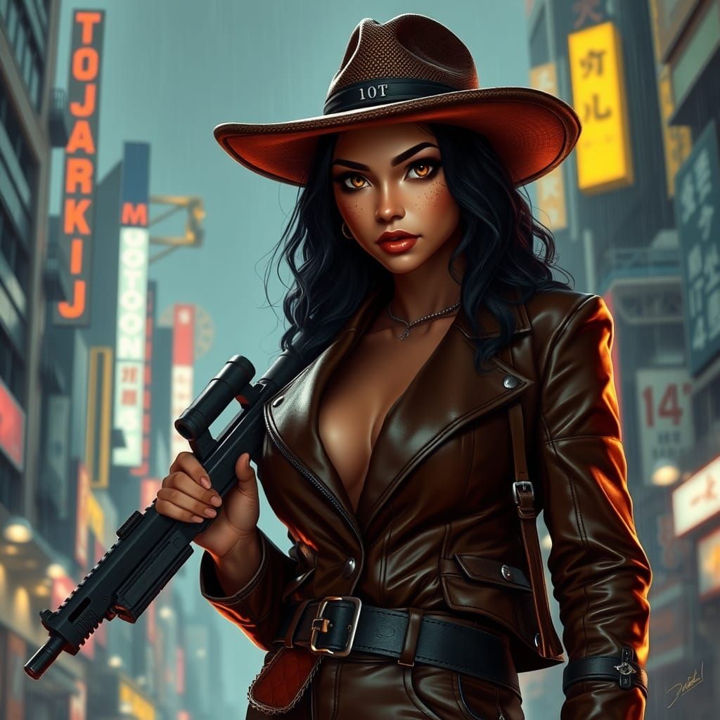 Cyberpunk Latina Warrior in Neo-Tokyo 2077