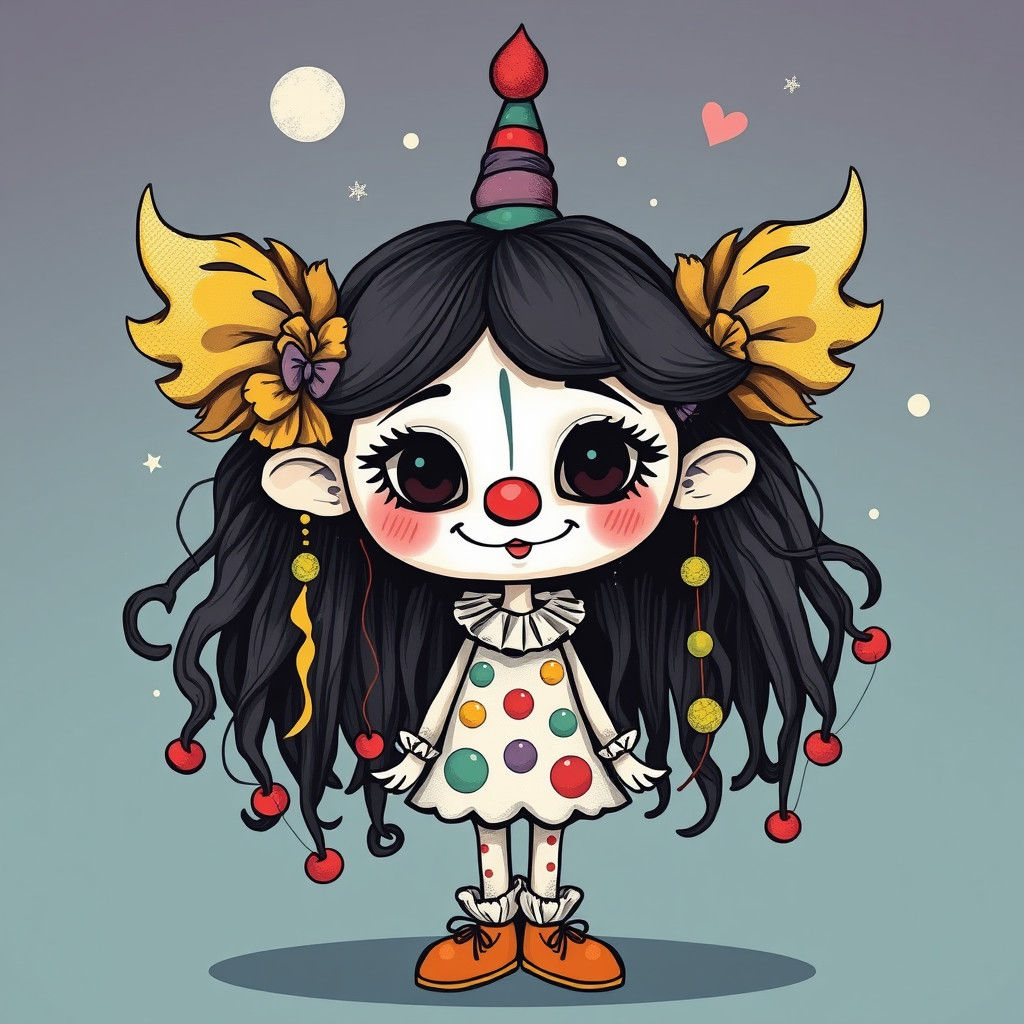 Psychedelic Hippie Clown Girl in Cartoon Art Brut Style