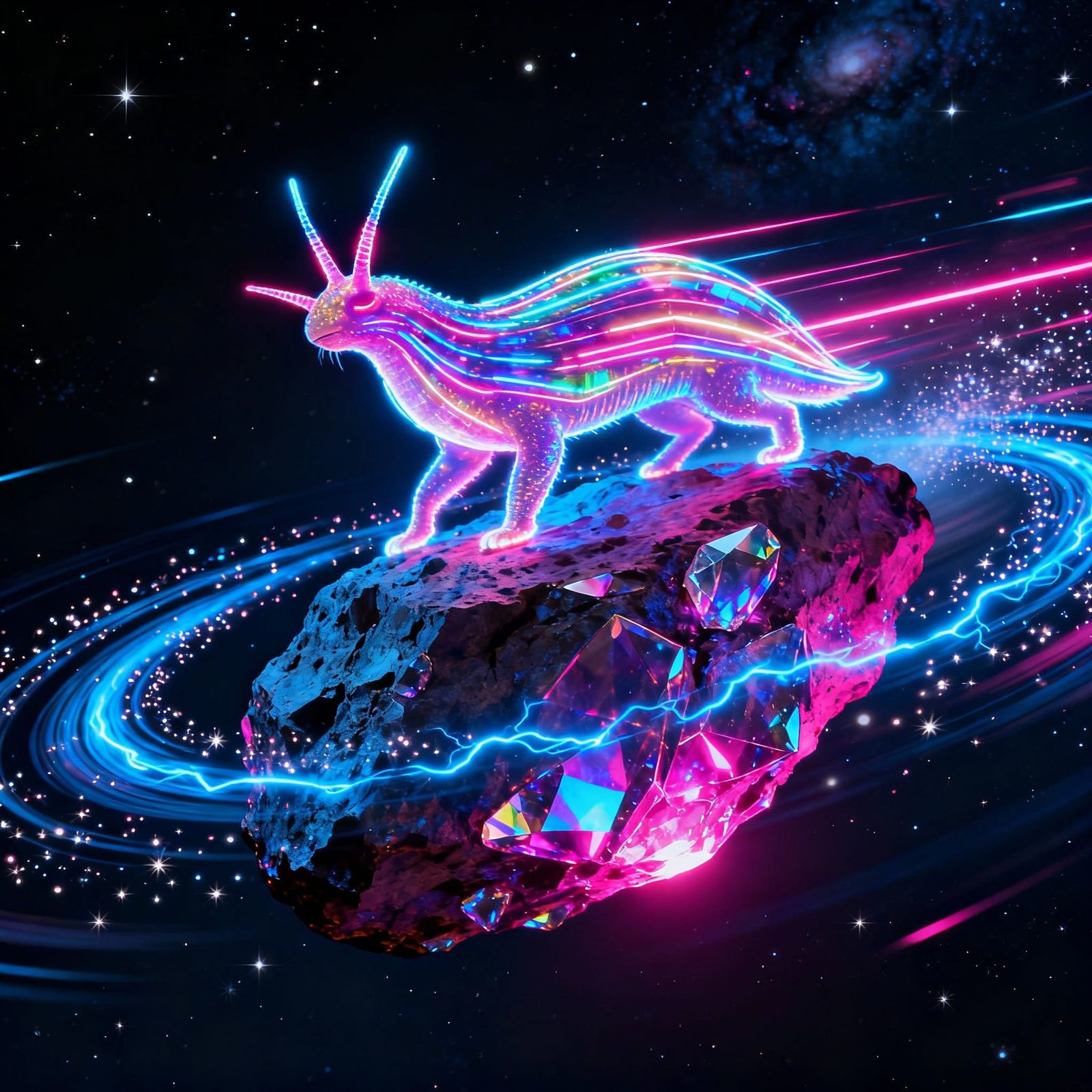Psychedelic Laser Nudibranch on Meteor in Deep Space