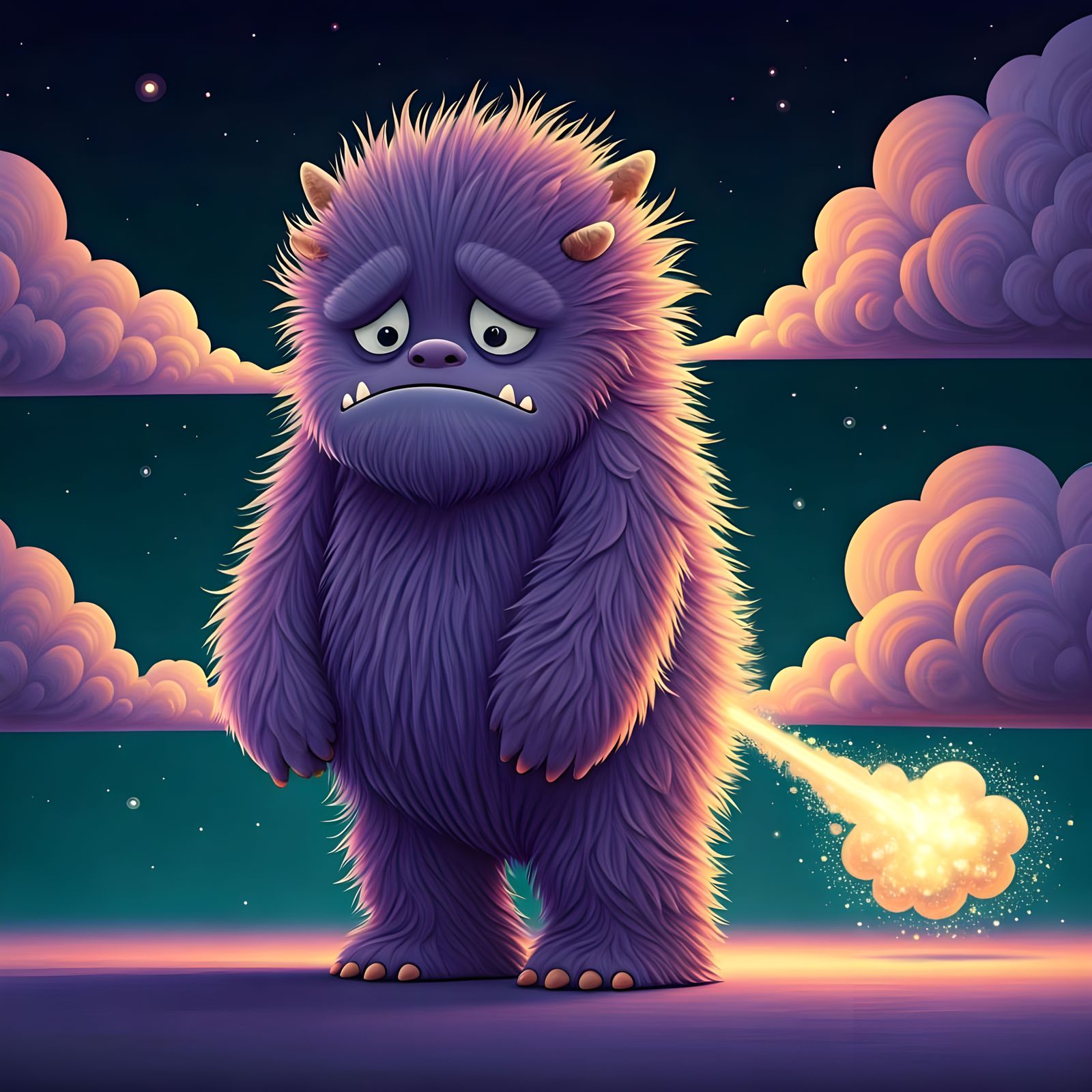 Charming Purple Monster Embarrassed by Sparkling Fart Cloud