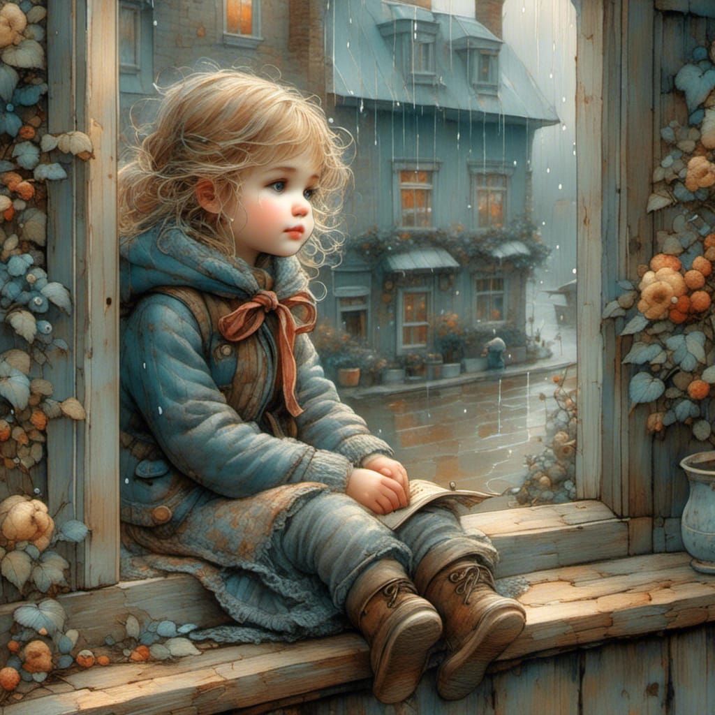 Whimsical Rainy Day Scene in a Vintage Style