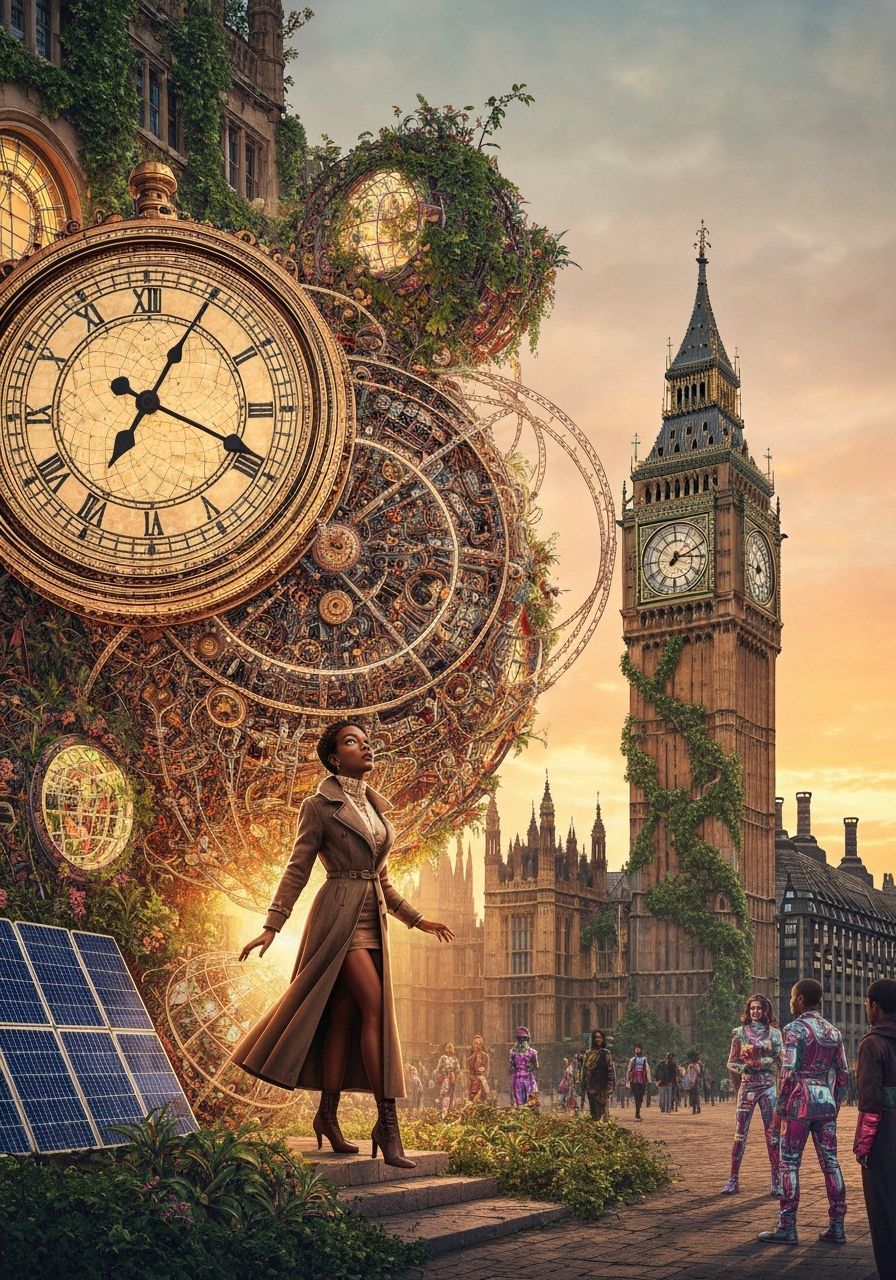 Steampunk Time Traveler in Solarpunk England