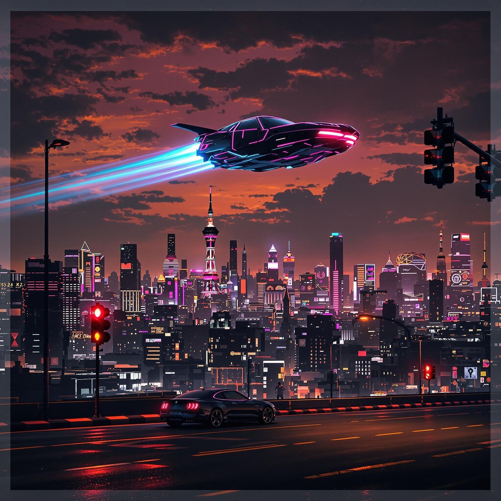 Futuristic Flying Car Cityscape at Sunset