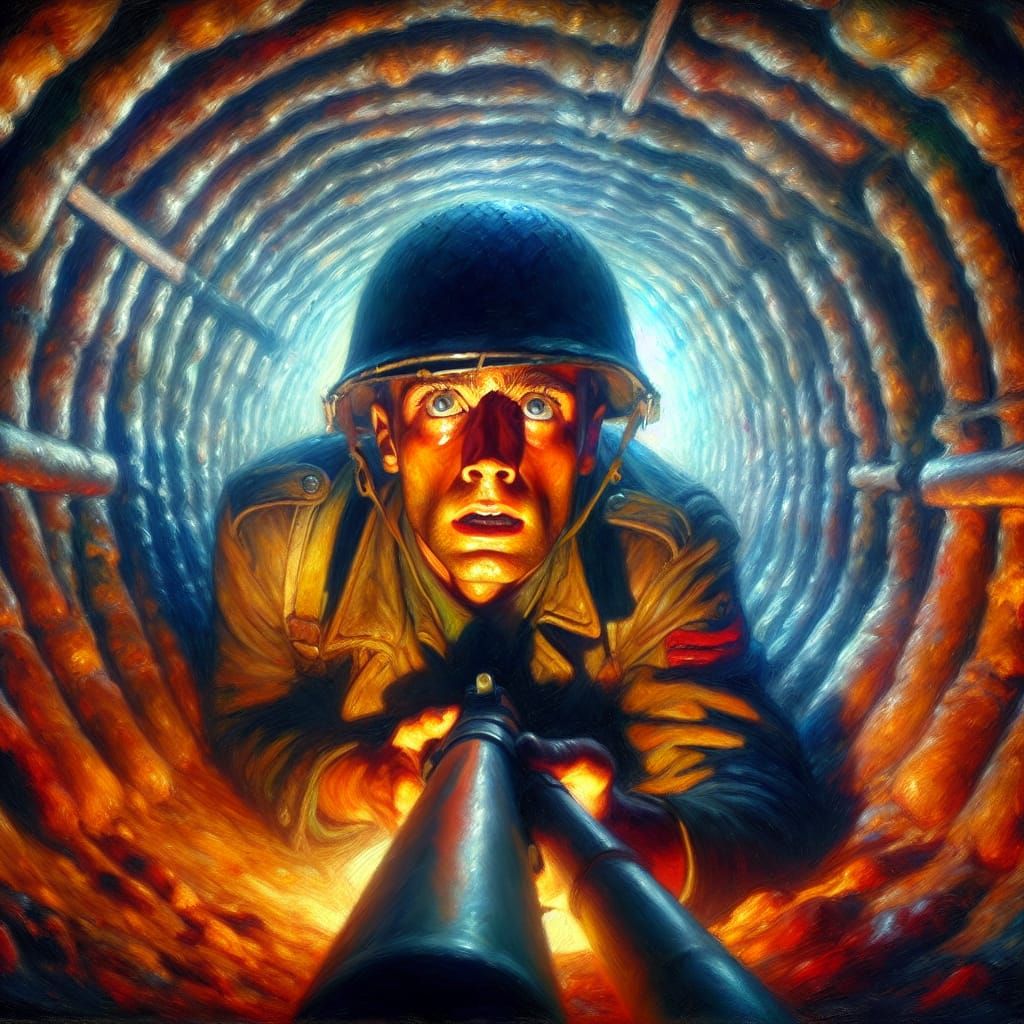 WWII Soldier's Fear: Flamethrower in Tunnel, Symbolist Oil P...