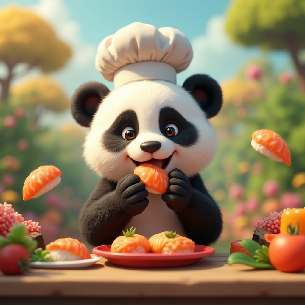 Vibrant Panda Chef in a Colorful Garden