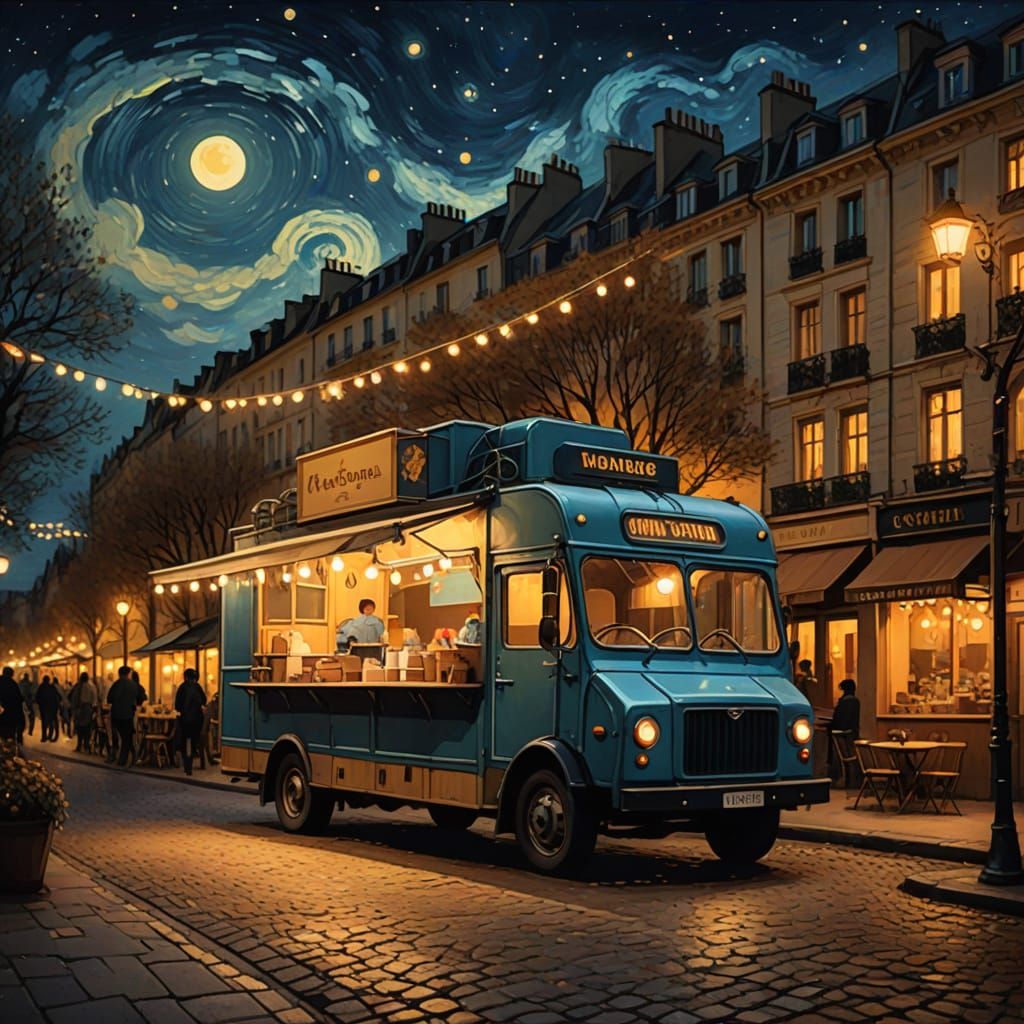 Vintage French Food Truck Under Starry Parisian Night Sky