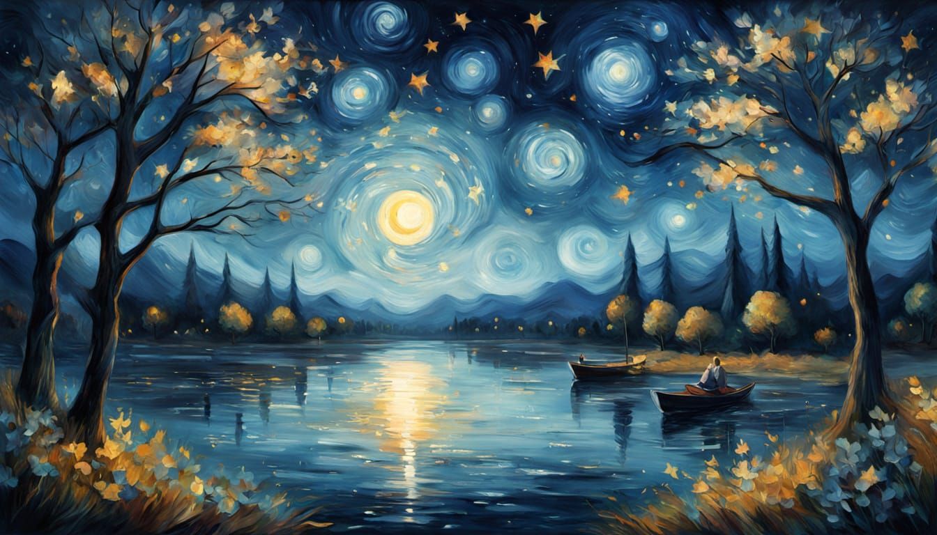 Ethereal Van Gogh-Inspired Nocturne with Lone Boat and Twist...