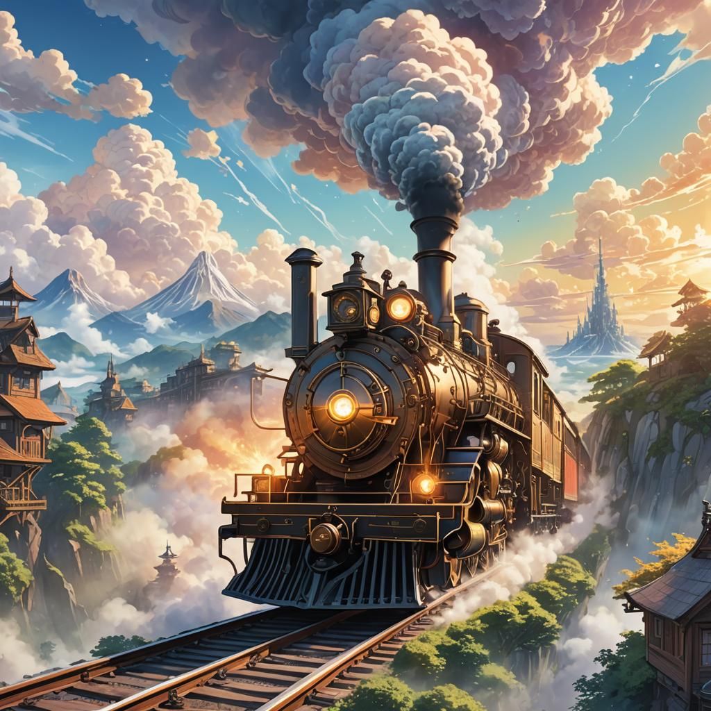 Heavenly Steampunk Train Ascends: Anime Concept Art