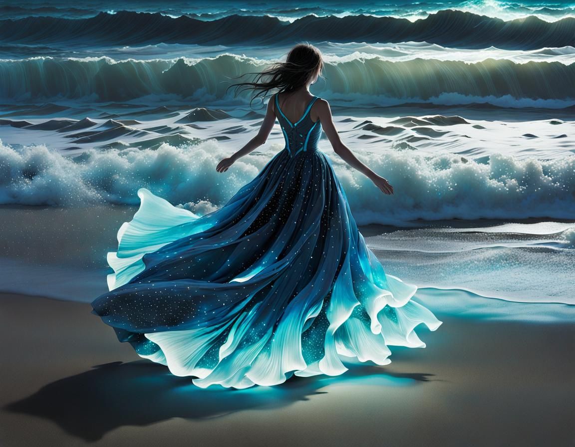 Celestial Woman Walking on Starry Beach