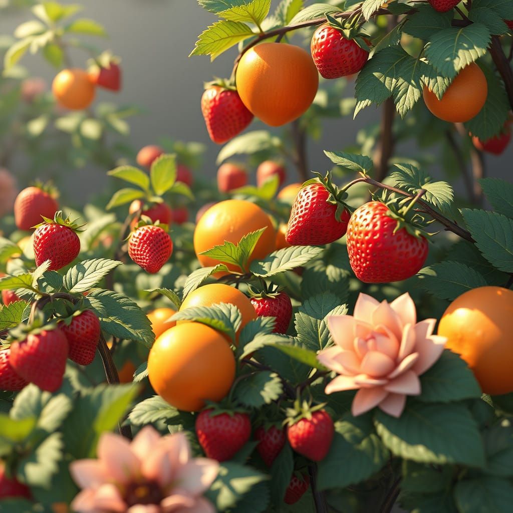 Surreal Anime Garden Blooms with Vibrant Fruits