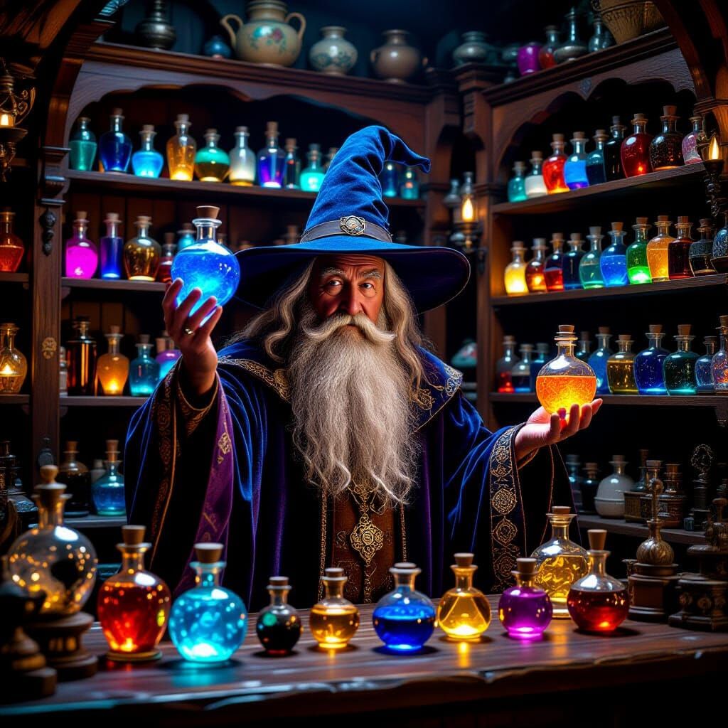 Wizard Sells Glowing Potions in Medieval Shop